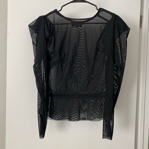 Sleek non stretch Black Mesh long sleeve shoulder ruffle tip- LAHIVE BOUTIQUE